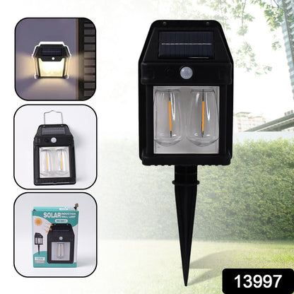 Outdoor dual mode solar wall light illuminating porch area