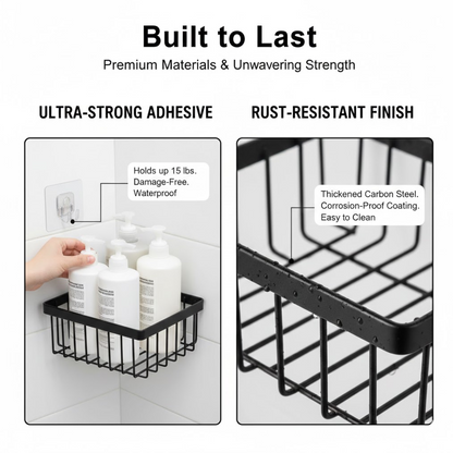 Side view of metal bathroom caddy showing rust-resistant coating and sturdy build
