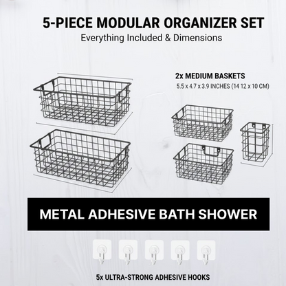 Set of five adhesive metal shower caddies easy to install without drilling