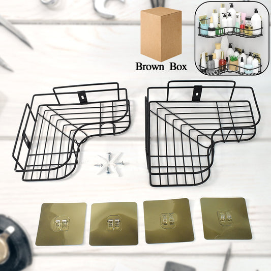 Metal shower shelf 2-pack installed in a bathroom corner with bath essentials