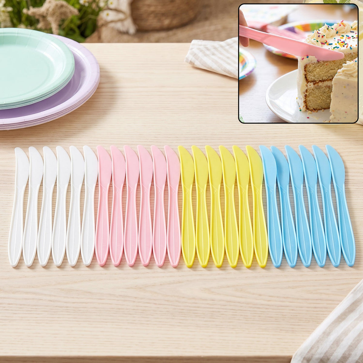 Reusable Multicolor Plastic Dessert Knife Set For Parties (24 Pc Set)
