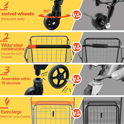Close-up of foldable shopping cart’s wheels and strong iron frame