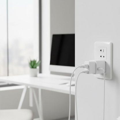 Bottom view of the Tetherix multi-plug socket showing regulatory labels.