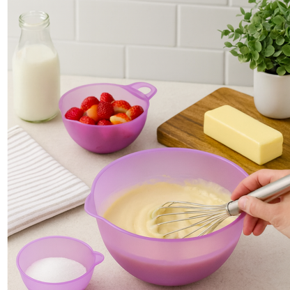 Lavender colored lightweight plastic prep bowls with handle and spout