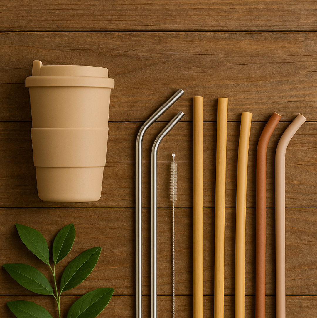 Straw cleaning brush scrubbing the inside of a metal reusable straw
