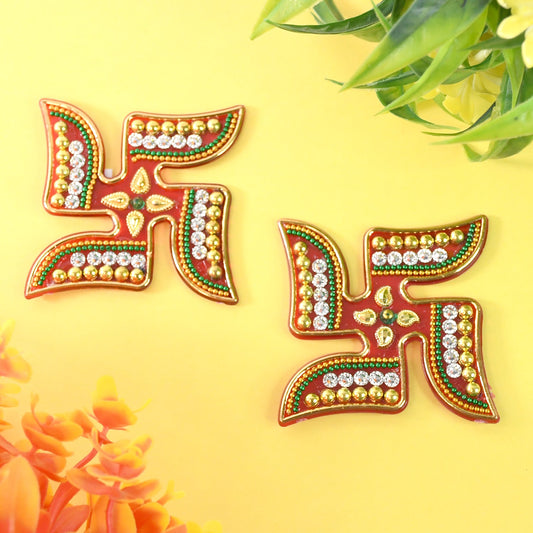 Swastik Decorative Sticker set with vibrant beads and mirror stones