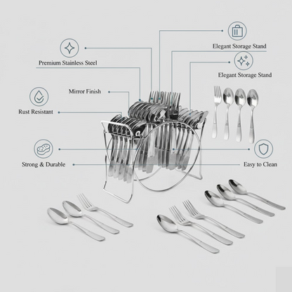 Close-up of spoons and forks from stainless steel cutlery set with mirror finish