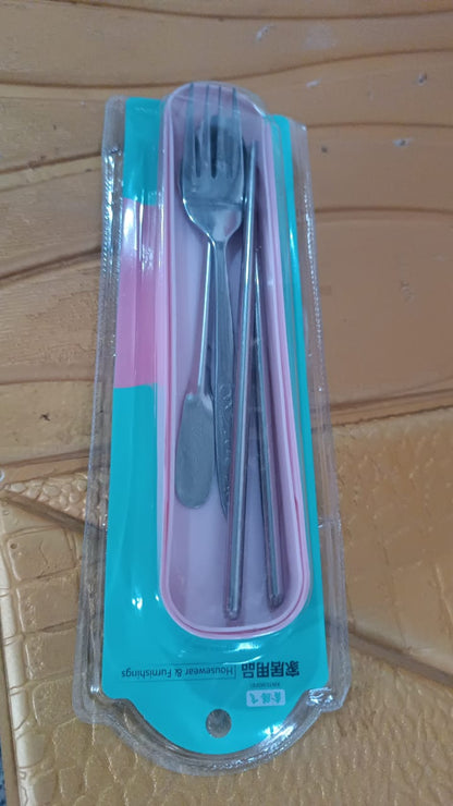 Portable stainless steel cutlery set components neatly arranged in their travel case