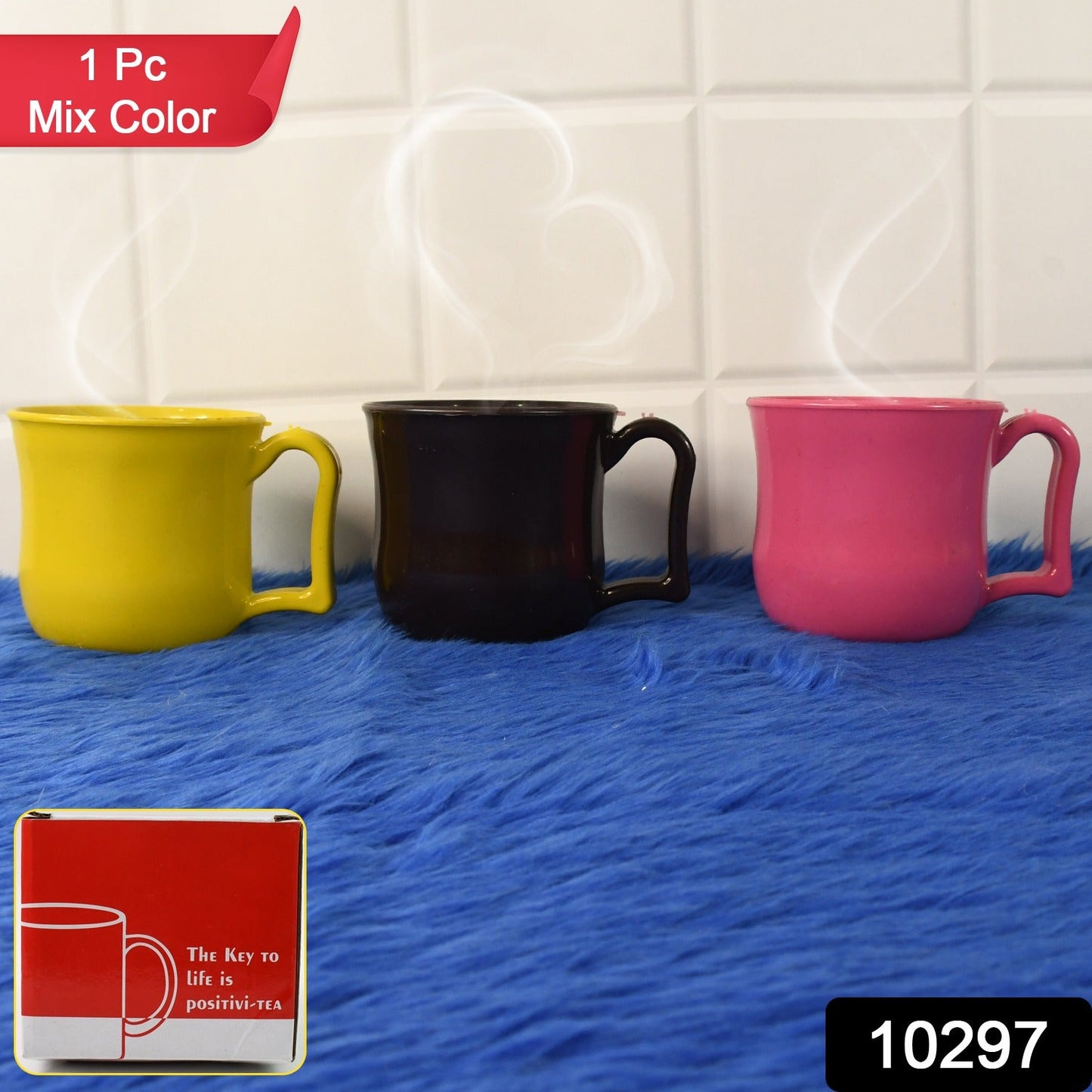 Durable plastic coffee mug holding a hot beverage on a kitchen counter.