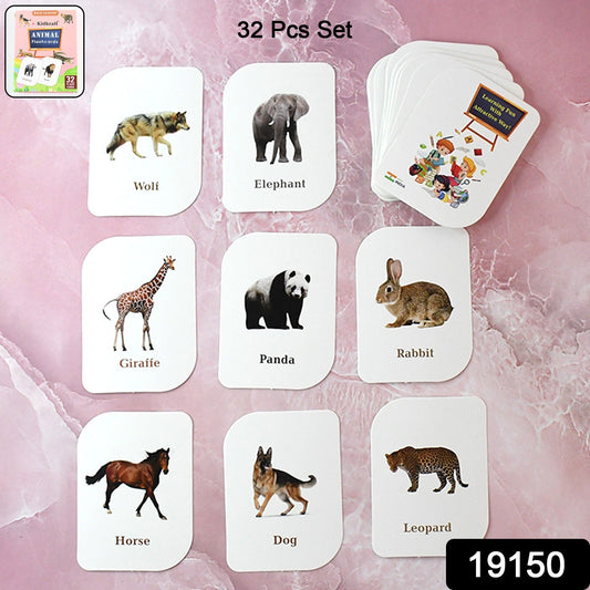 Spread of vibrant animal flash cards featuring realistic pictures for learning