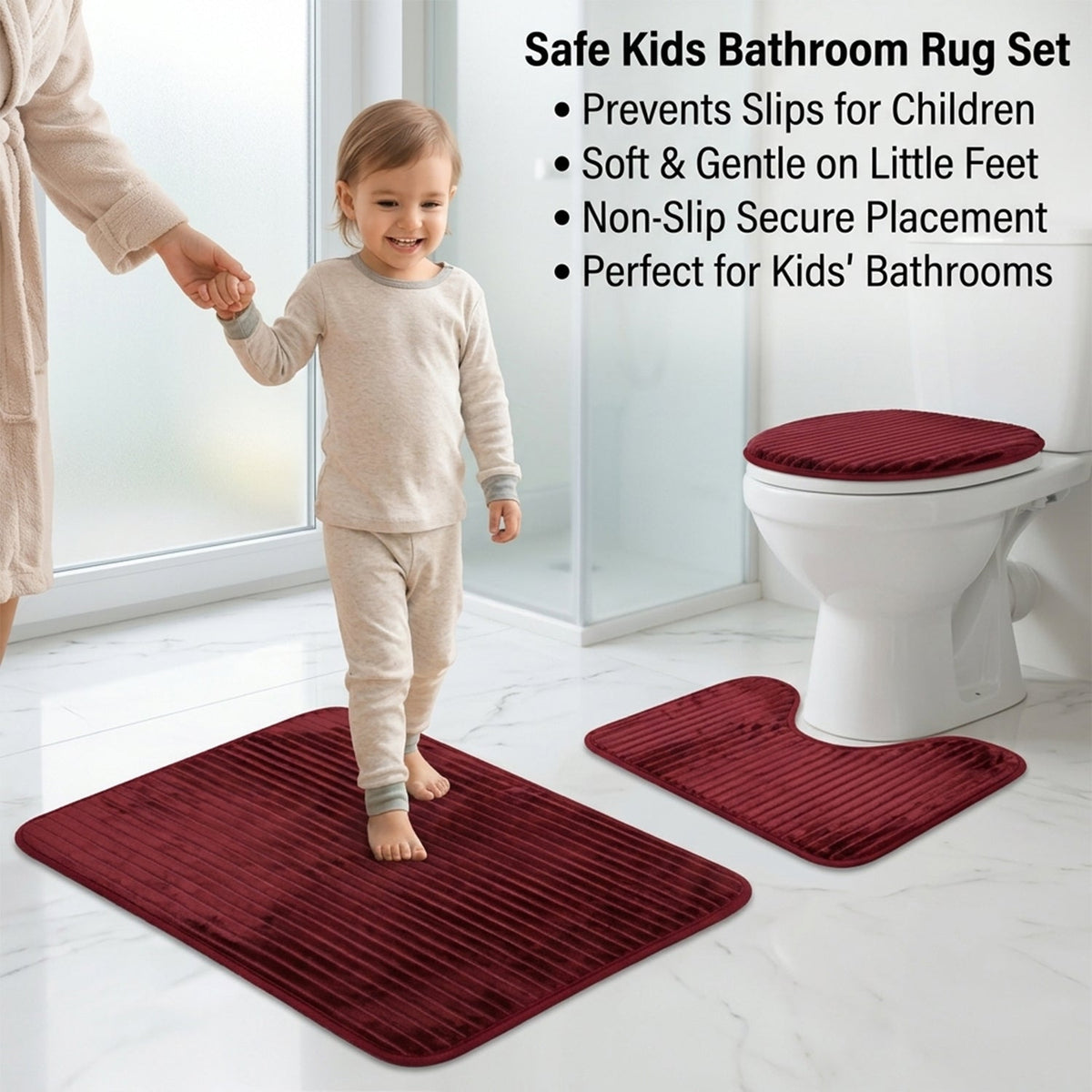 3 In 1 Anti Slip Bathroom Mat Set With Contour Mat And Lid Cover (3 Pc Set  Mix Color)