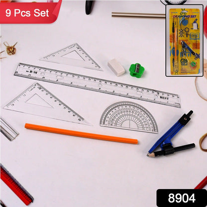 Durable plastic non-slip drafting rulers from the 9-in-1 stationery set for precision measurements.