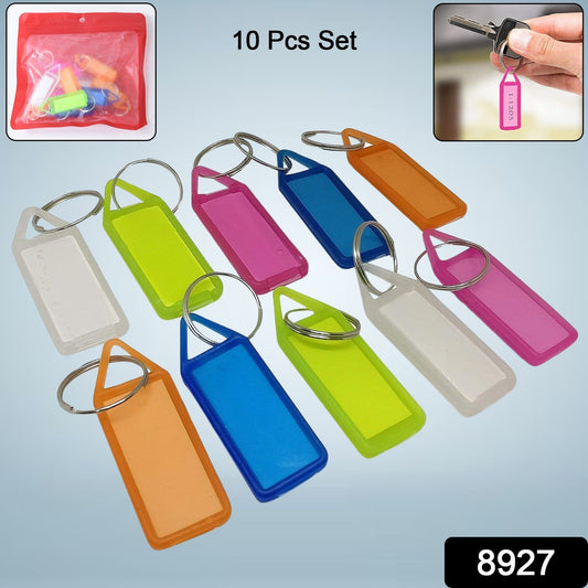 Close-up of writable two-sided label on translucent plastic keychain tag