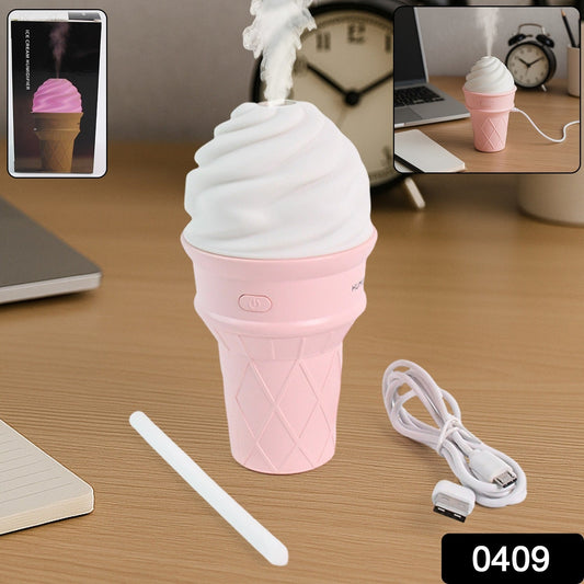LED desktop humidifier in ice cream cone design showing mist and mood light