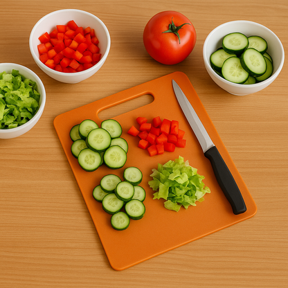 Sharp stainless steel blade knife alongside plastic chopping board in kitchen set