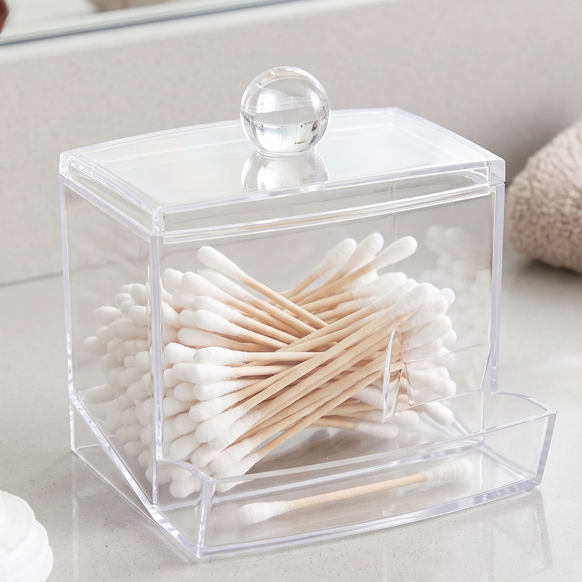 Transparent Acrylic Cotton Swab Organizer With Lid And Dispensing Drawer (1 Pc)