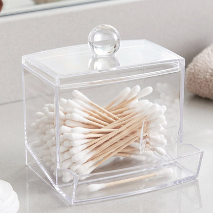 Transparent Acrylic Cotton Swab Organizer With Lid And Dispensing Drawer (1 Pc)