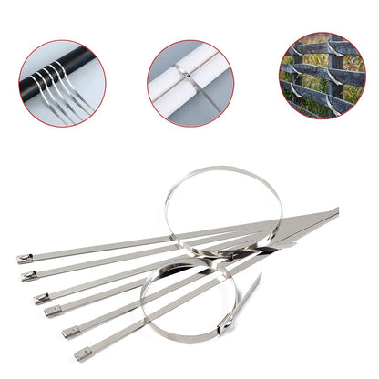 Plain background with a single stainless steel cable tie, highlighting its sleek design.