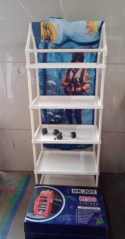 Foldable baby wardrobe with colorful cartoon print showing hut shaped design