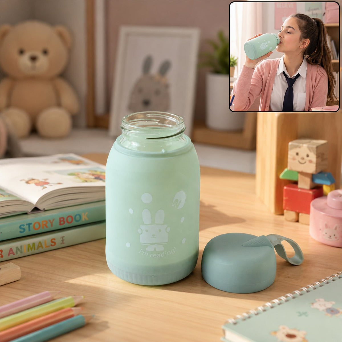 Glass Water Bottle 380ml With Lid (1 Pc)