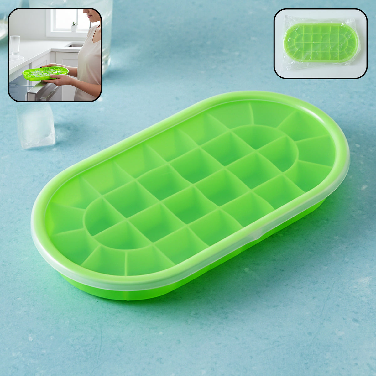 Premium Oval Silicone Ice Cube Tray With Lid (1 Pc)