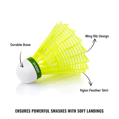 Side view of sturdy plastic shuttlecock designed for consistent badminton play
