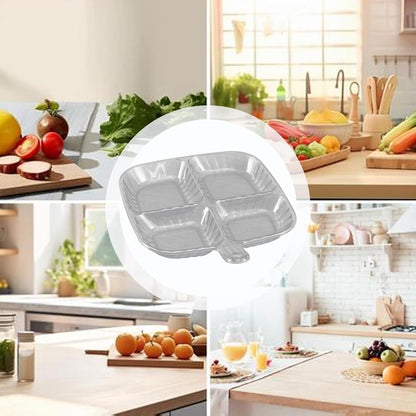 Angled view of clear plastic 4-section serving tray