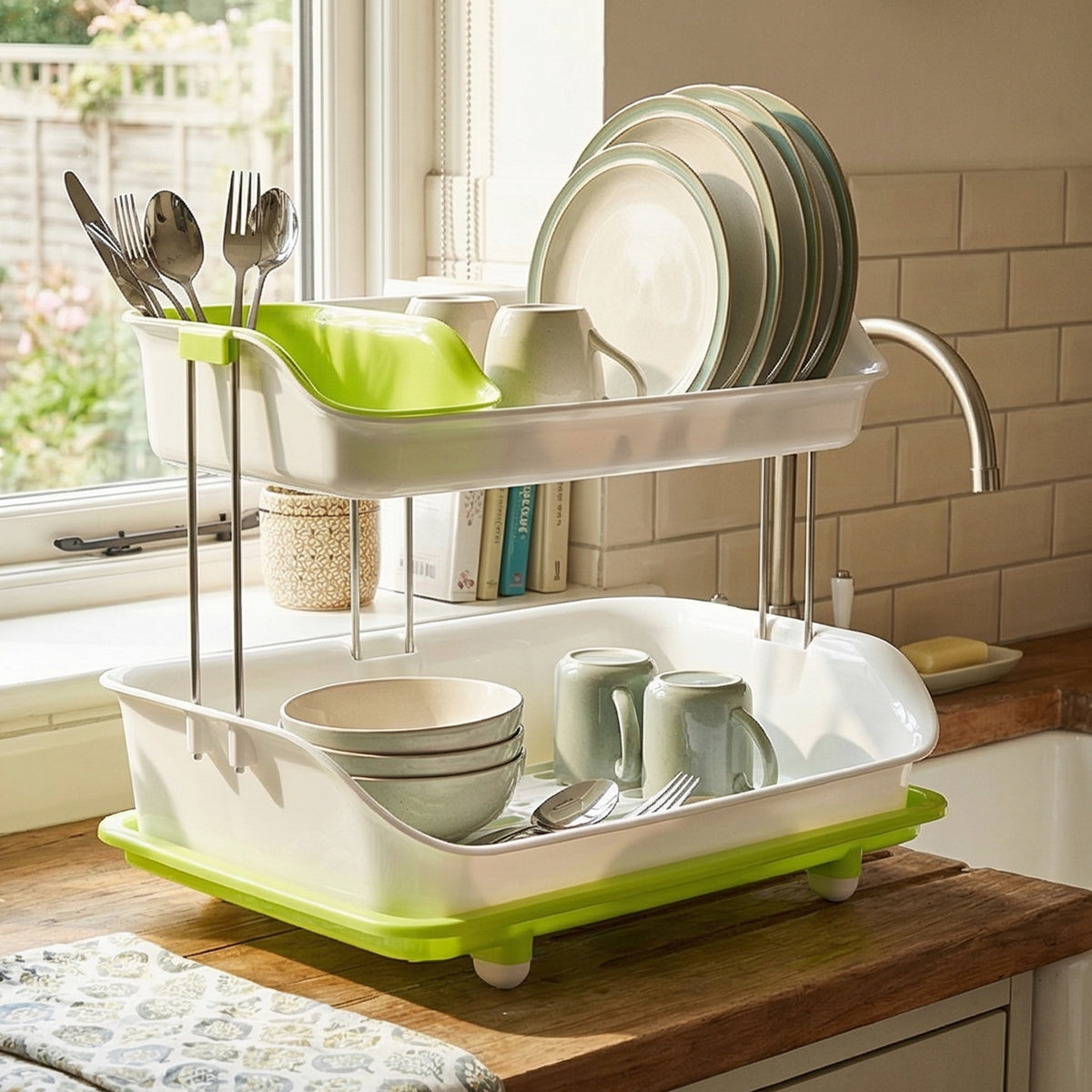 Prexo 2 Layer Kitchen Dish Drying Rack With Drain Tray (1 Set)