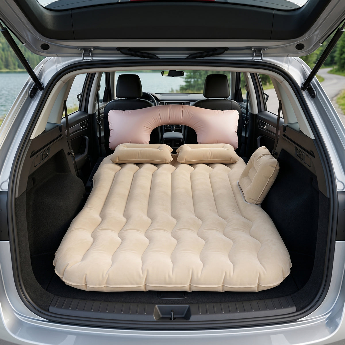 Car Air Mattress Bed Set With Inflatable Cushions And Pump -1 Set (Mix Design)