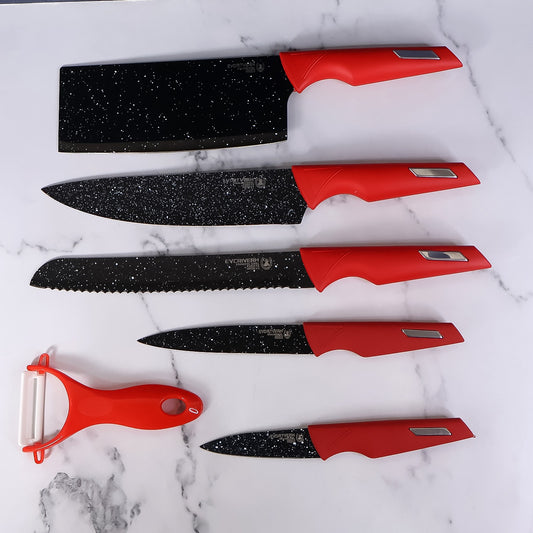 Kitchen Knife Set With Marble-coated Blades  Red Handles (6 Pc)