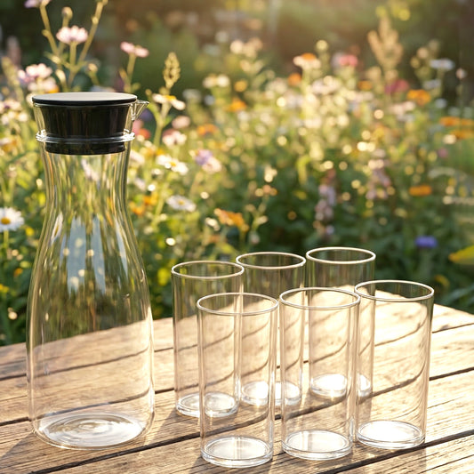 Prexo Plastic Water Jug And Drinking Glass Set (1 Jug 1000ml 6 Glasses 300ml)