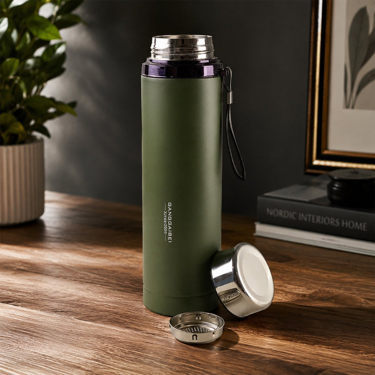 Vacuum Insulated Water Bottle 1000ml Steel Hot And Cold Flask With Cup Lid (1 Pc)