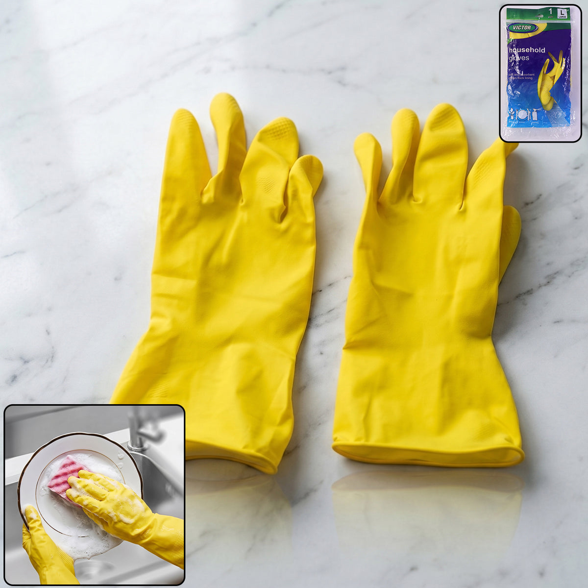 Large Victor Yellow Cleaning Rubber Gloves Reusable Kitchen Dishwash (1 Pair)