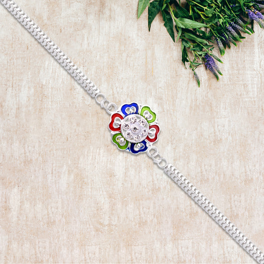 Silver Floral Rakhi With Multicolor Enamel And Stones