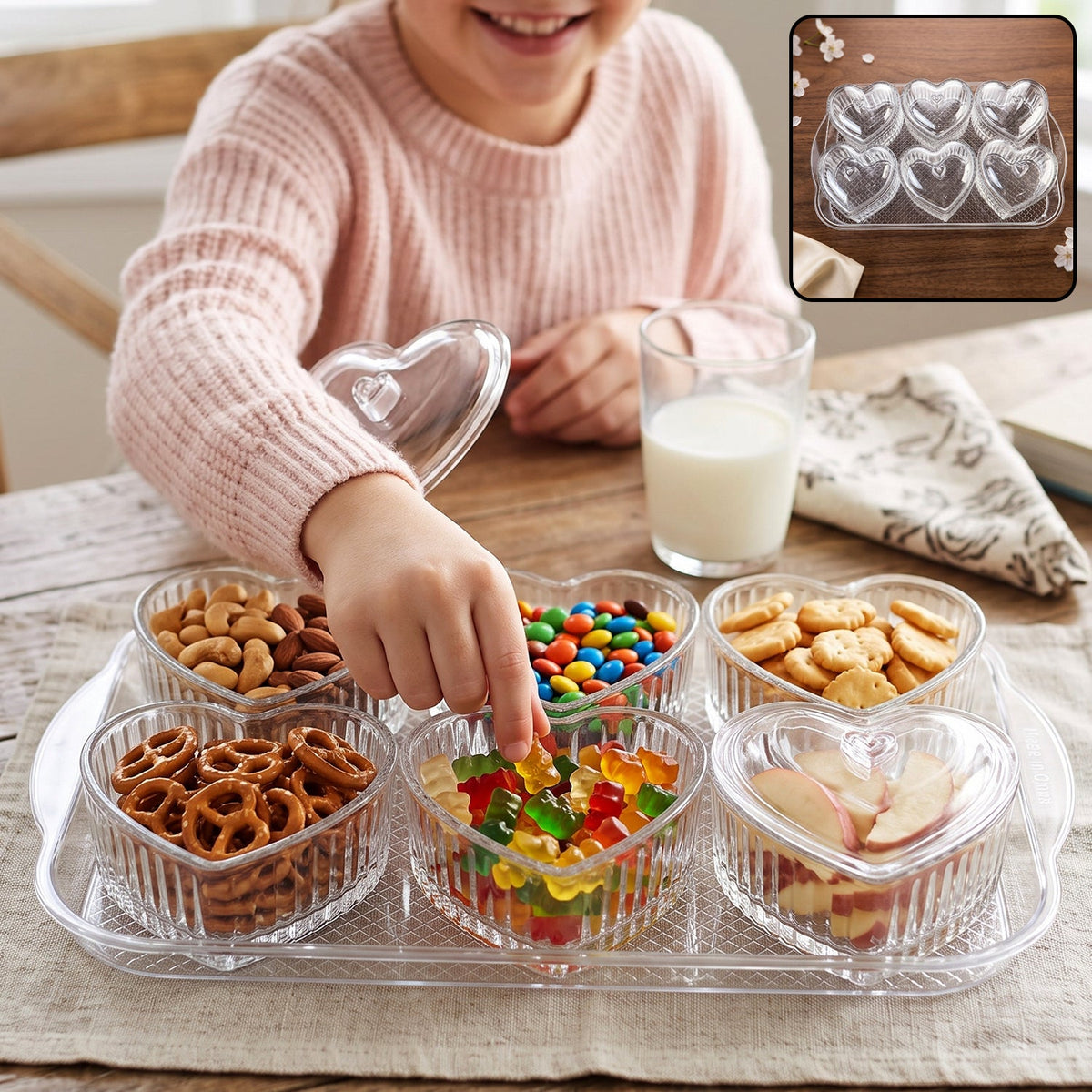 Heart Shape Dessert Bowl Set 6 Pc With Tray And Lids Serving Bowls (6 Pc Set)