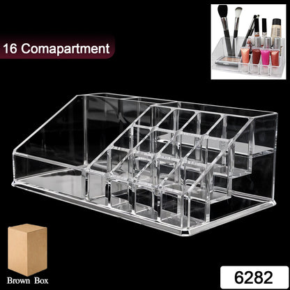 Close-up of clear acrylic compartments holding cosmetic products