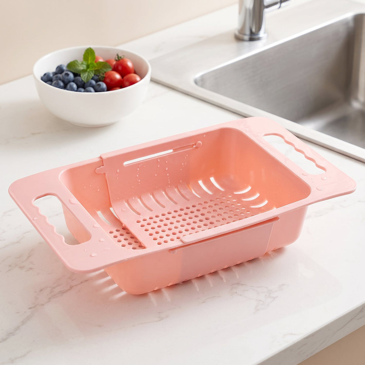 Adjustable Plastic Over The Sink Drain Basket Colander With Handles (1 Pc)