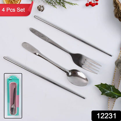Open portable stainless steel cutlery set showing fork, spoon, chopsticks, and travel case