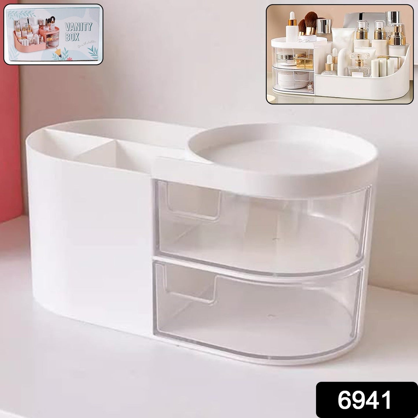 Rotating vanity organizer tray holding makeup and skincare products