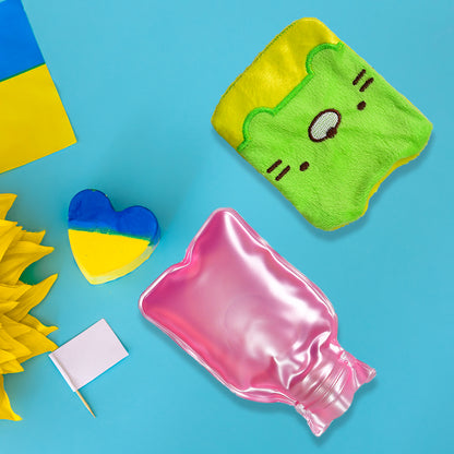 6514 Green Kitty Small Hot Water Bag With Cover For Pain Relief Neck Shoulder Pain And Hand Feet Warmer Menstrual Cramps.