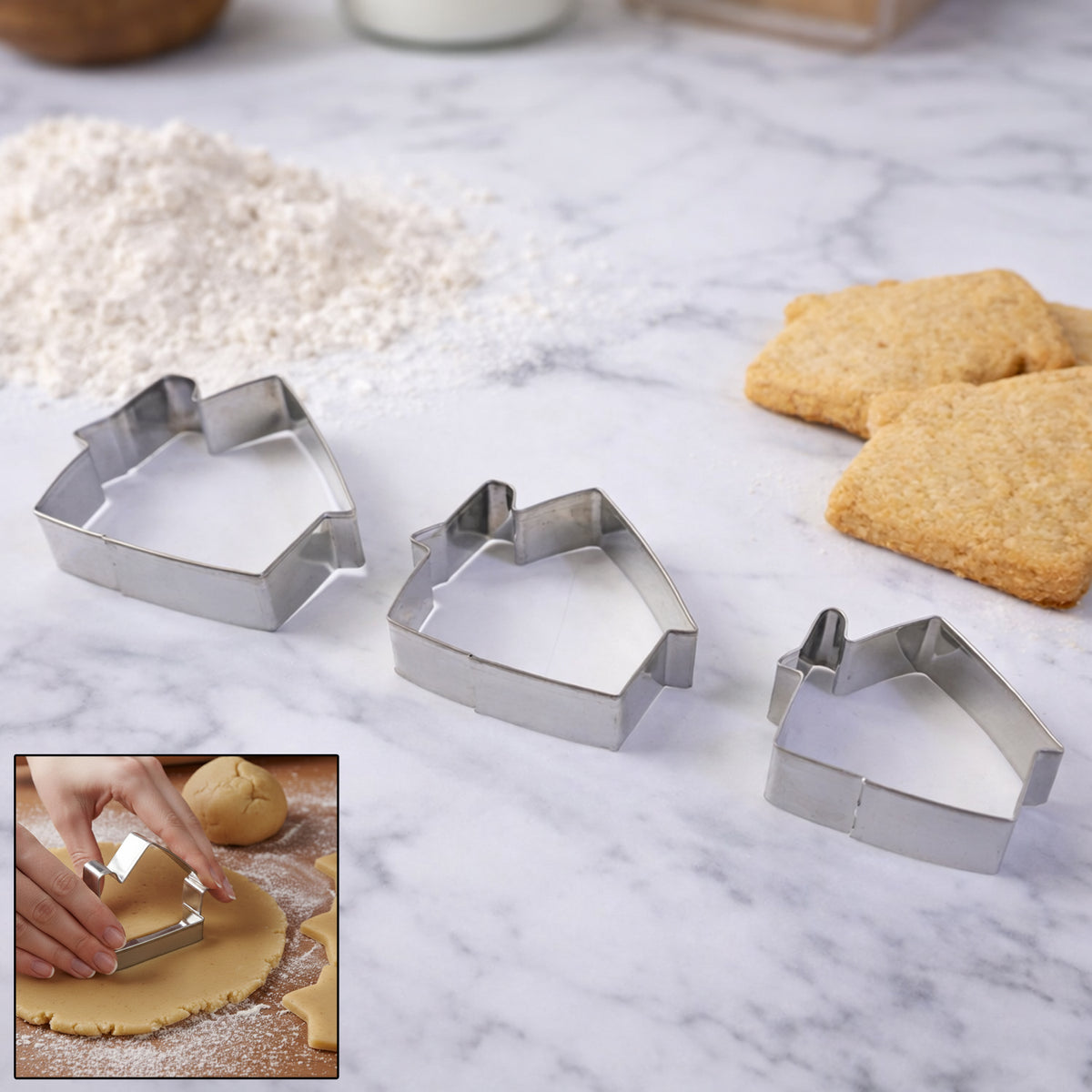 Stainless Steel House Shape Cookie Cutter Set (3 Pc Mix Design Set)