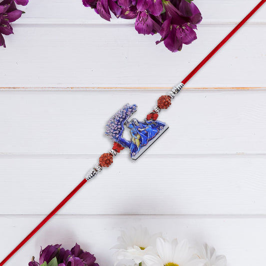 Radha Krishna Rakhi Under Tree Design With Rudraksha  Red Mauli Thread