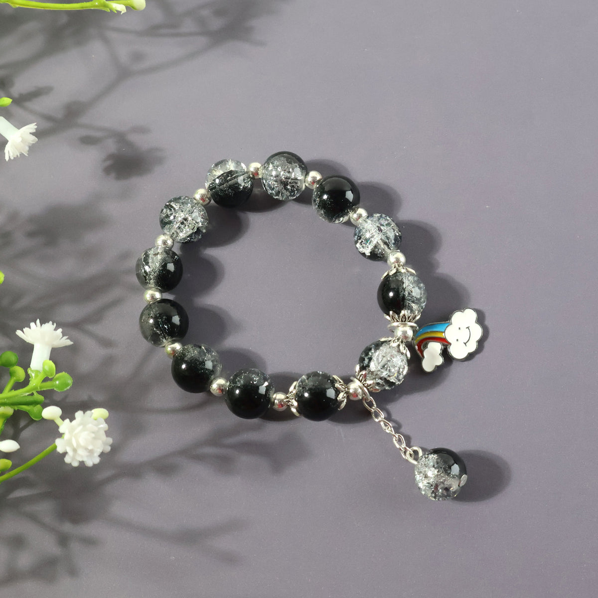Elegant Black  Crystal Beaded Charm Bracelet