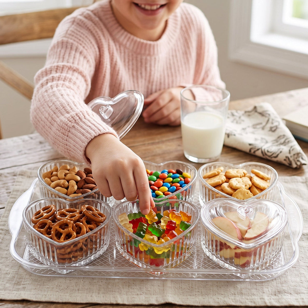 Heart Shape Dessert Bowl Set 6 Pc With Tray And Lids Serving Bowls (6 Pc Set)