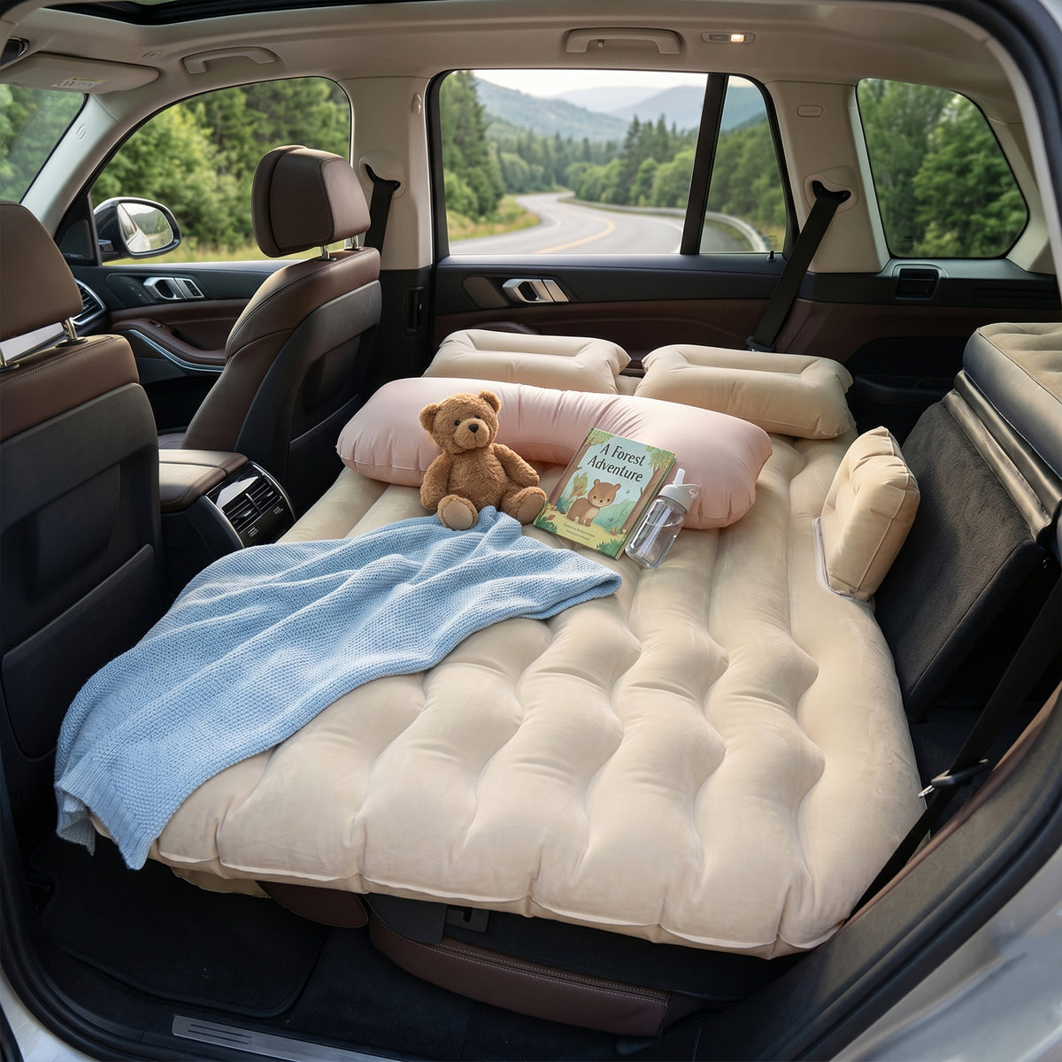 Car Air Mattress Bed Set With Inflatable Cushions And Pump -1 Set (Mix Design)