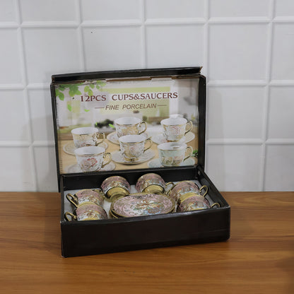 Premium Floral Porcelain Tea Cup And Saucer Set (12 Pc Set)