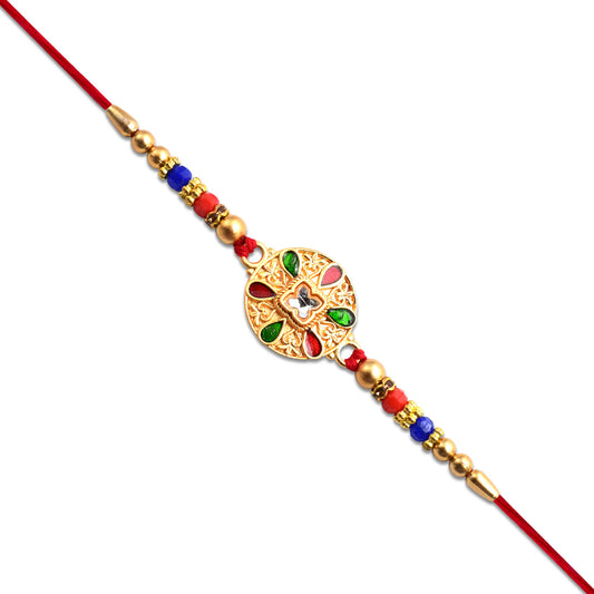 Traditional Circular Meenakari Rakhi With Multicolor Enamel Kundan Stone  Gold Beads