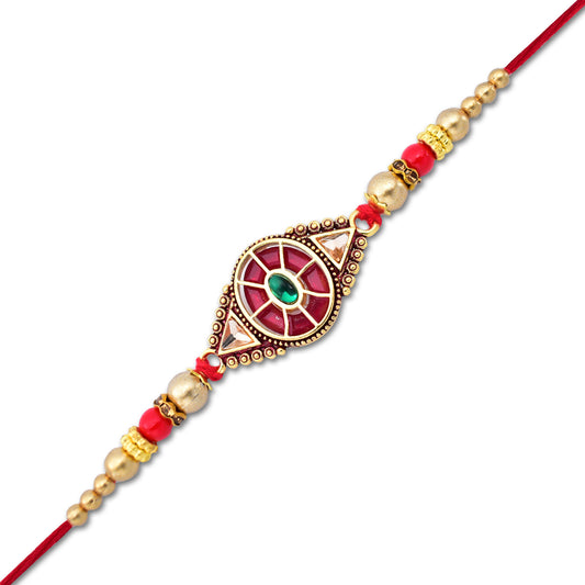 Royal Designer Rakhi With Kundan Centerpiece Red  Green Enamel Work And Golden Beads