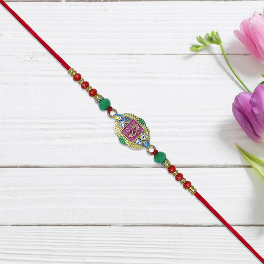Om Rakhi With Decorative Beads And Stone Work