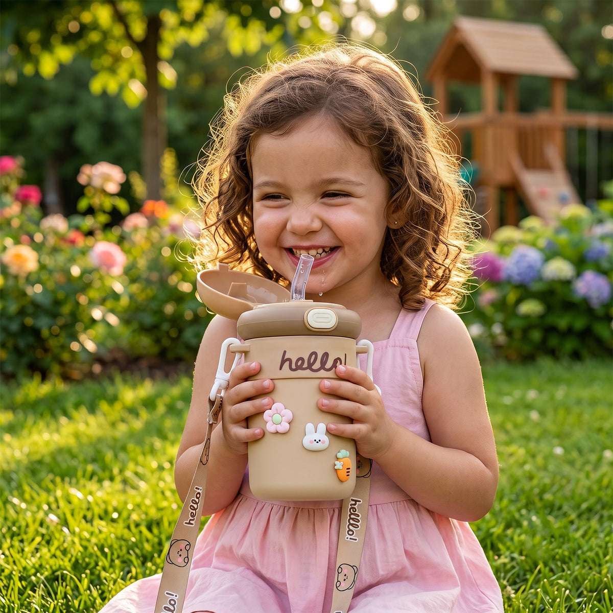 Kids Sipper Water Bottle 450 Ml With Bouncing Straw And Carry Strap (1 Pc)